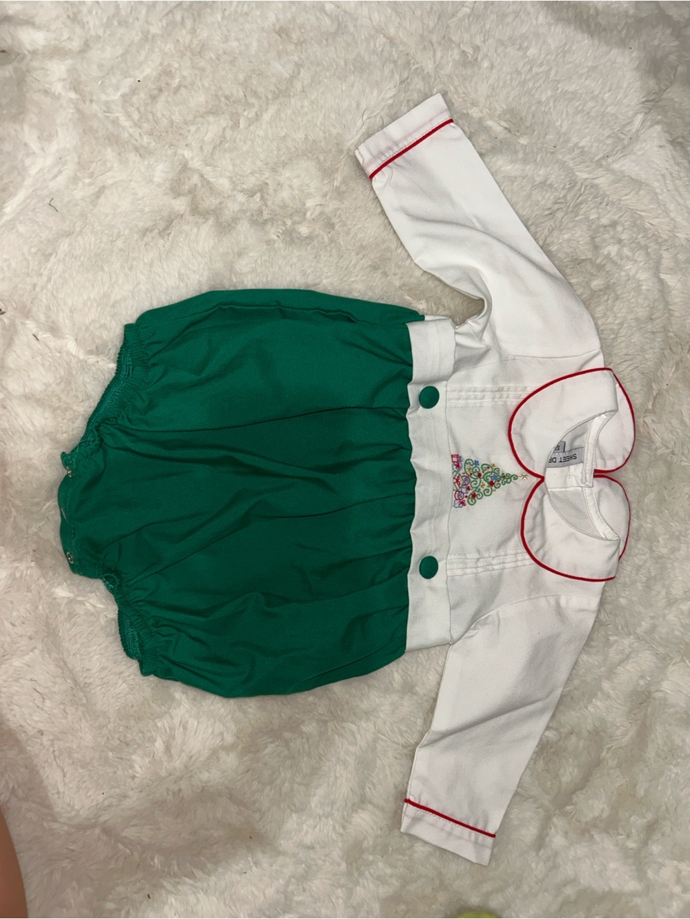 Sweet Dreams White Baby Romper with Red Trim and Green Embroidery